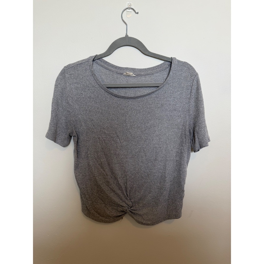 Aeropostale Womens Medium Grey Ribbed Knit Front Knot Crop Top Short Sleeve